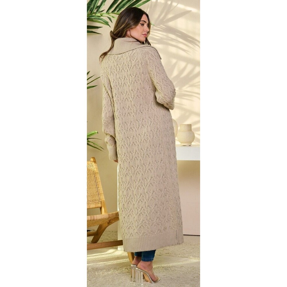 Women's Long Open Front Knit Cardigan Size L Oatmeal Long Sleeve Duster Sweater - Picture 3 of 6